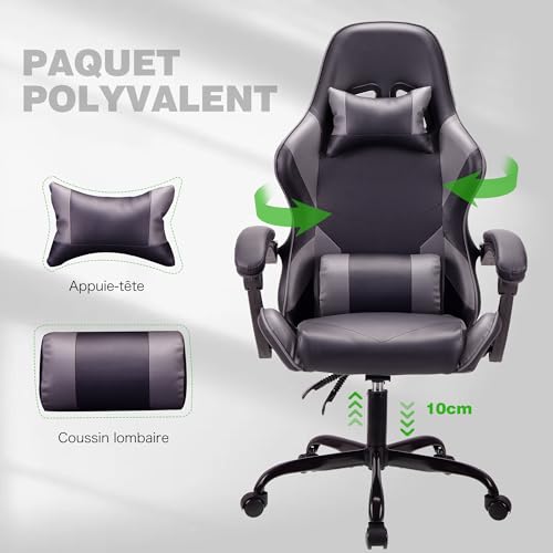 Chaise de Jeu Ergonomique T-THREE en Cuir avec Appui-Tête et Soutien Lombaire