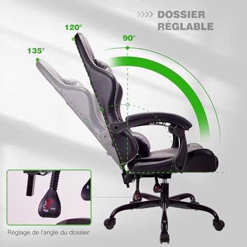 Chaise de Jeu Ergonomique T-THREE en Cuir avec Appui-Tête et Soutien Lombaire