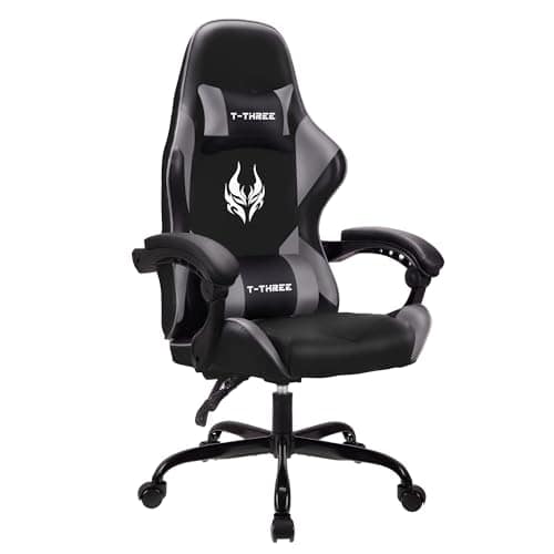 Chaise de Jeu Ergonomique T-THREE en Cuir avec Appui-Tête et Soutien Lombaire