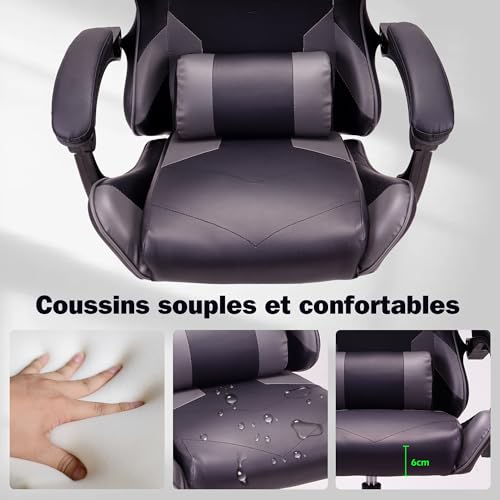 Chaise de Jeu Ergonomique T-THREE en Cuir avec Appui-Tête et Soutien Lombaire