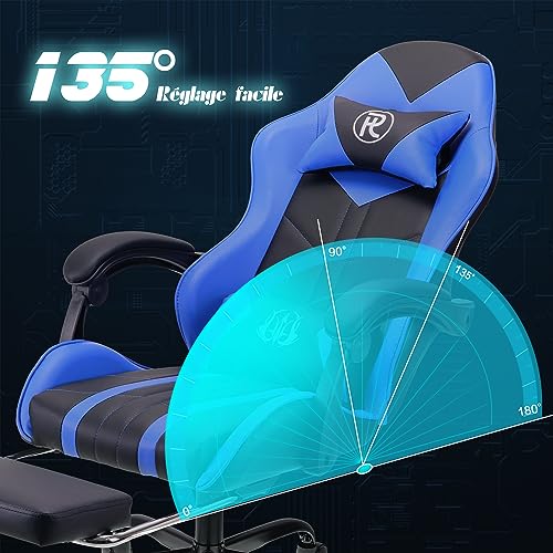 Chaise de Jeu Ergonomique en Cuir Bleu avec Repose-Pieds