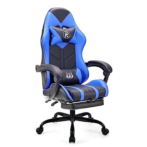 Chaise de Jeu Ergonomique en Cuir Bleu avec Repose-Pieds