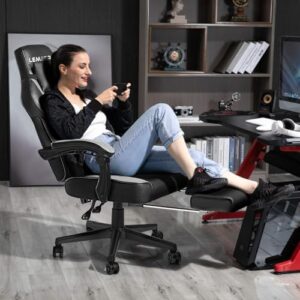 Chaise de bureau ergonomique gris avec dossier haut en cuir PU et repose-pieds