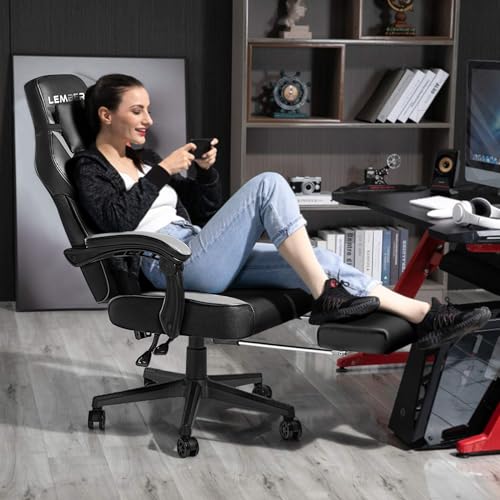 Chaise de bureau ergonomique gris avec dossier haut en cuir PU et repose-pieds