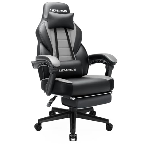 Chaise de bureau ergonomique gris avec dossier haut en cuir PU et repose-pieds