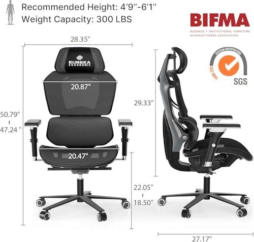 Eureka Chaise Gaming Ergonomique 4D – Fauteuil Bureau Réglable en Maille, Gris