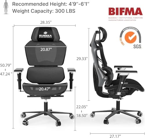 Eureka Chaise Gaming Ergonomique 4D – Fauteuil Bureau Réglable en Maille, Gris
