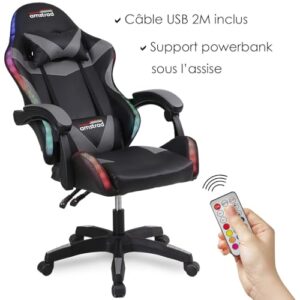 Fauteuil Gaming Amstrad AMS-900-LED-SKULL Noir et Gris avec Éclairage LED