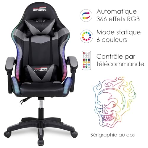 Fauteuil Gaming Amstrad AMS-900-LED-SKULL Noir et Gris avec Éclairage LED
