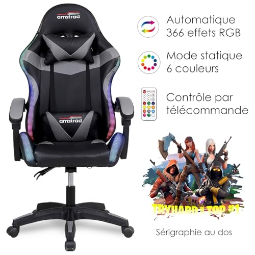 Fauteuil Gaming Amstrad AMS-900-LED-TOP1 Noir et Gris avec Éclairage LED