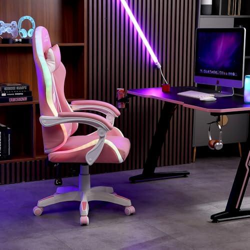 Fauteuil Gaming Amstrad AMS-LED-Sakura – Simili Cuir Rose et Blanc avec LED
