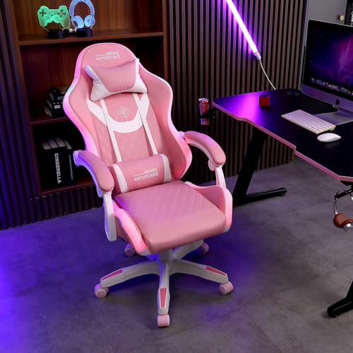 Fauteuil Gaming Amstrad AMS-LED-Sakura – Simili Cuir Rose et Blanc avec LED