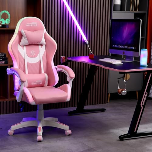 Fauteuil Gaming Amstrad AMS-LED-Sakura – Simili Cuir Rose et Blanc avec LED