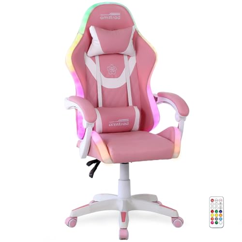 Fauteuil Gaming Amstrad AMS-LED-Sakura – Simili Cuir Rose et Blanc avec LED