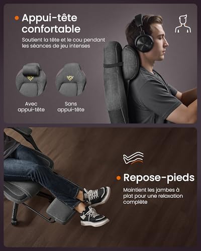 Fauteuil Gaming SONGMICS OBG072G01 Ergonomique avec Repose-Pieds et Appui-Tête