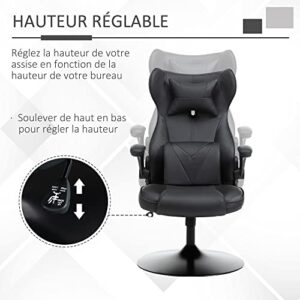 Fauteuil Gaming Vinsetto Noir, Pivotant 360°, Hauteur Réglable, Coussins Intégrés