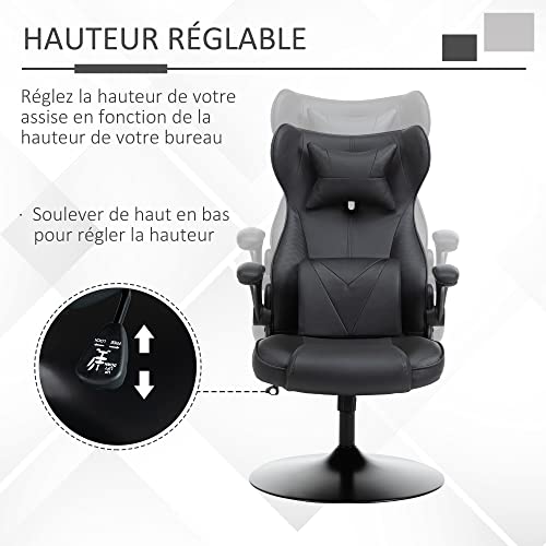 Fauteuil Gaming Vinsetto Noir, Pivotant 360°, Hauteur Réglable, Coussins Intégrés