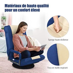 Fauteuil Pliable COSTWAY Bleu avec Dossier Réglable et Base Pivotante 360°