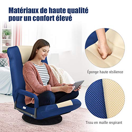 Fauteuil Pliable COSTWAY Bleu avec Dossier Réglable et Base Pivotante 360°