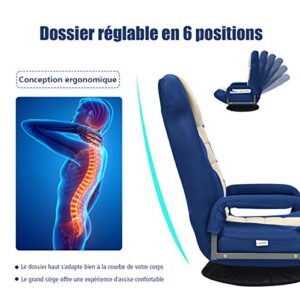 Fauteuil Pliable COSTWAY Bleu avec Dossier Réglable et Base Pivotante 360°