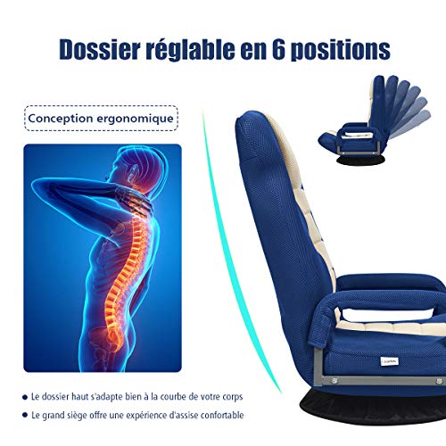 Fauteuil Pliable COSTWAY Bleu avec Dossier Réglable et Base Pivotante 360°