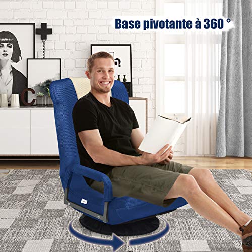 Fauteuil Pliable COSTWAY Bleu avec Dossier Réglable et Base Pivotante 360°