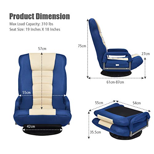 Fauteuil Pliable COSTWAY Bleu avec Dossier Réglable et Base Pivotante 360°