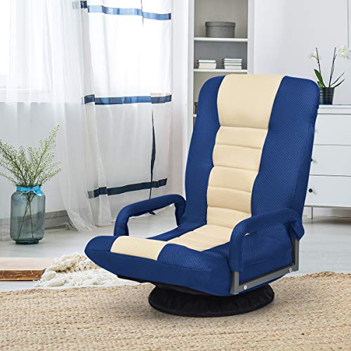 Fauteuil Pliable COSTWAY Bleu avec Dossier Réglable et Base Pivotante 360°