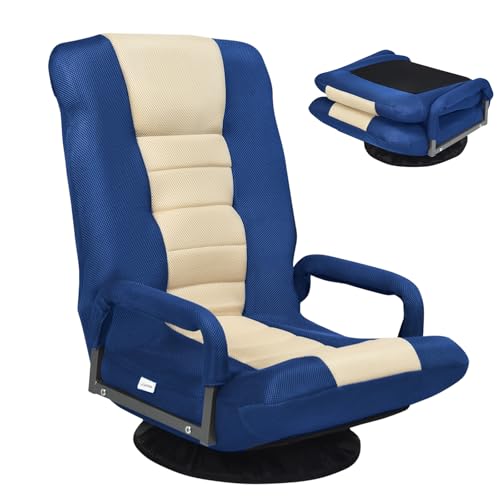 Fauteuil Pliable COSTWAY Bleu avec Dossier Réglable et Base Pivotante 360°