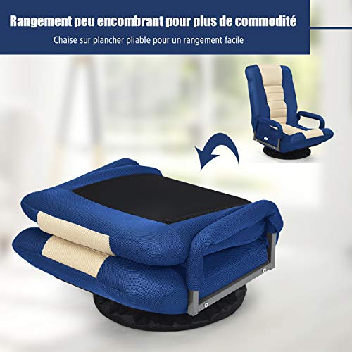 Fauteuil Pliable COSTWAY Bleu avec Dossier Réglable et Base Pivotante 360°