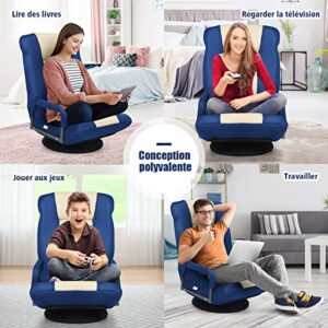Fauteuil Pliable COSTWAY Bleu avec Dossier Réglable et Base Pivotante 360°