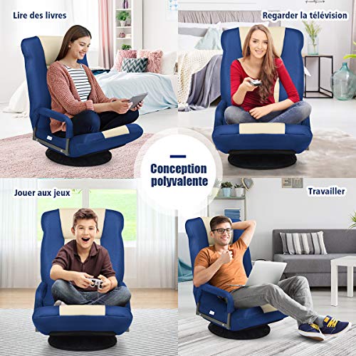 Fauteuil Pliable COSTWAY Bleu avec Dossier Réglable et Base Pivotante 360°