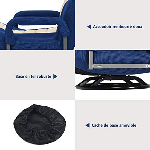 Fauteuil Pliable COSTWAY Bleu avec Dossier Réglable et Base Pivotante 360°