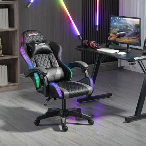 Fauteuil de Bureau Gamer Amstrad Ultimate-BK-LED Noir & Gris avec Éclairage LED 366 Effets