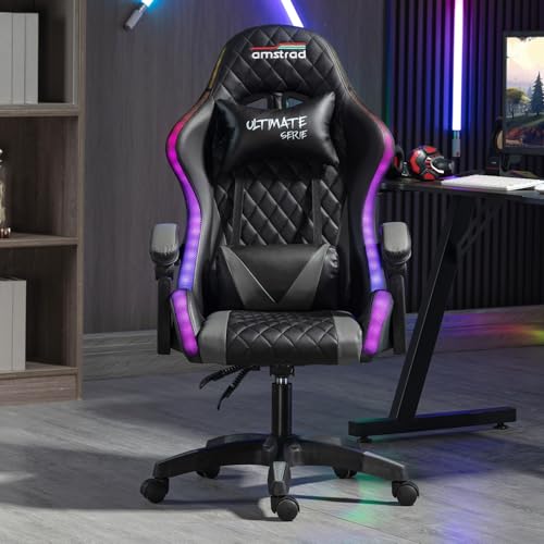 Fauteuil de Bureau Gamer Amstrad Ultimate-BK-LED Noir & Gris avec Éclairage LED 366 Effets