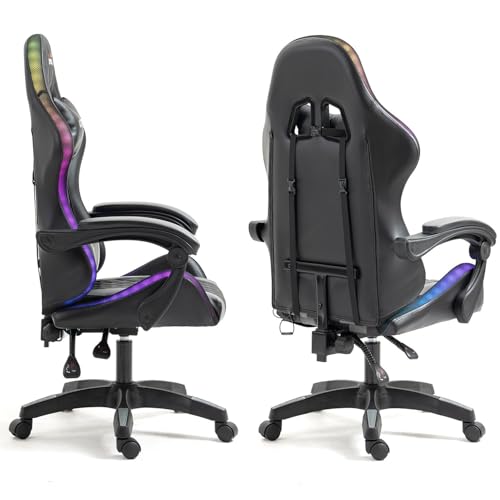Fauteuil de Bureau Gamer Amstrad Ultimate-BK-LED Noir & Gris avec Éclairage LED 366 Effets