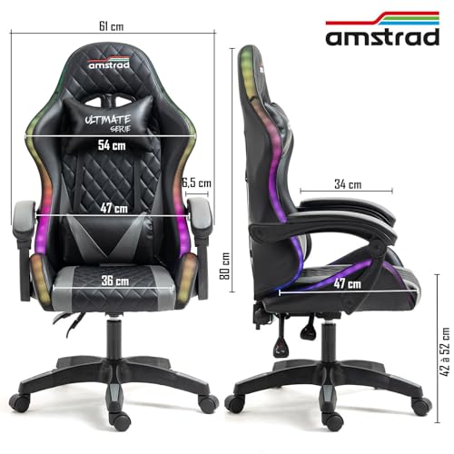 Fauteuil de Bureau Gamer Amstrad Ultimate-BK-LED Noir & Gris avec Éclairage LED 366 Effets