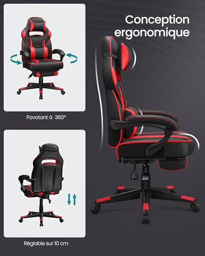 Fauteuil de Bureau SONGMICS OBG73BRV1, Chaise Gaming Réglable avec Repose-Pieds et Support Lombaire