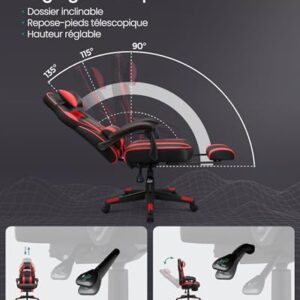 Fauteuil de Bureau SONGMICS OBG73BRV1, Chaise Gaming Réglable avec Repose-Pieds et Support Lombaire