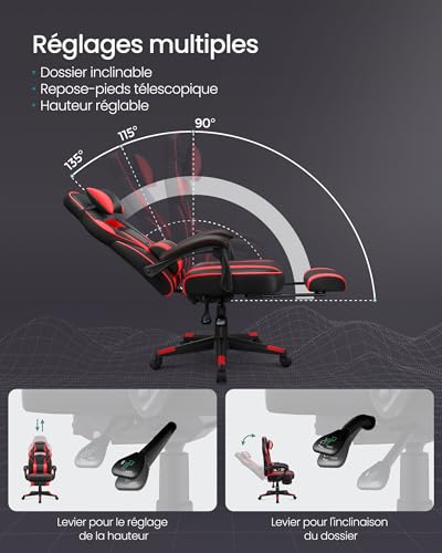 Fauteuil de Bureau SONGMICS OBG73BRV1, Chaise Gaming Réglable avec Repose-Pieds et Support Lombaire