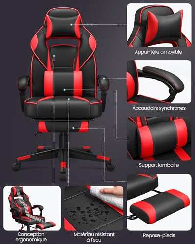 Fauteuil de Bureau SONGMICS OBG73BRV1, Chaise Gaming Réglable avec Repose-Pieds et Support Lombaire