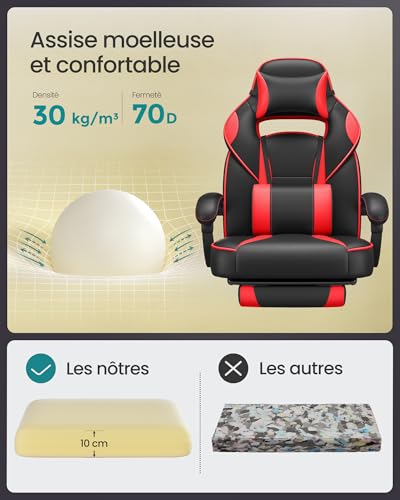 Fauteuil de Bureau SONGMICS OBG73BRV1, Chaise Gaming Réglable avec Repose-Pieds et Support Lombaire