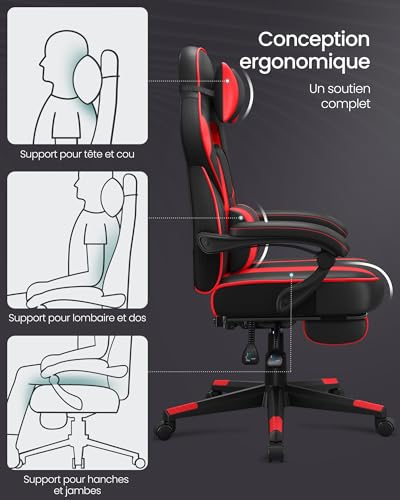 Fauteuil de Bureau SONGMICS OBG73BRV1, Chaise Gaming Réglable avec Repose-Pieds et Support Lombaire