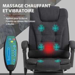 Fauteuil de Bureau Vinsetto Massant et Chauffant, Ergonomique Noir 360°