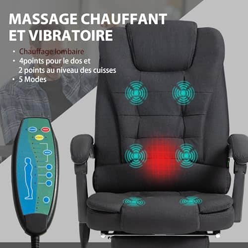 Fauteuil de Bureau Vinsetto Massant et Chauffant, Ergonomique Noir 360°