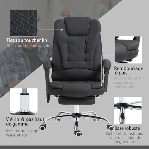 Fauteuil de Bureau Vinsetto Massant et Chauffant, Ergonomique Noir 360°