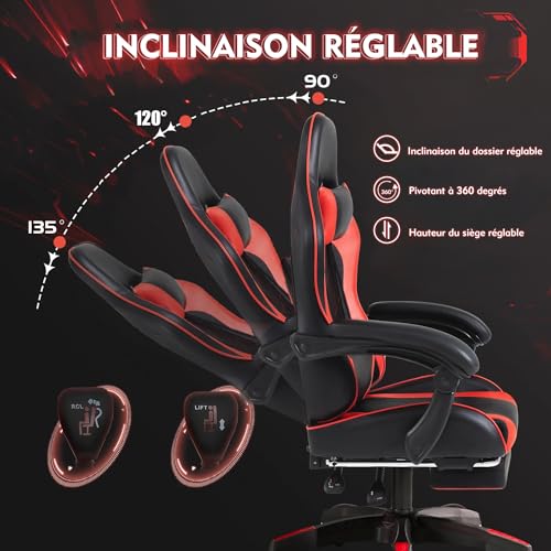 Frixovel Chaise Gaming Noir et Rouge avec Repose-Pieds Télescopique