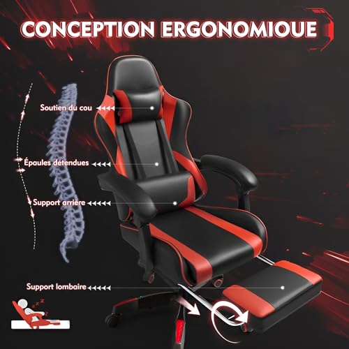 Frixovel Chaise Gaming Noir et Rouge avec Repose-Pieds Télescopique