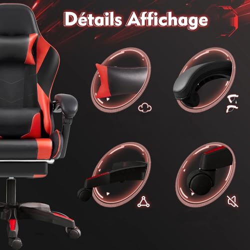 Frixovel Chaise Gaming Noir et Rouge avec Repose-Pieds Télescopique