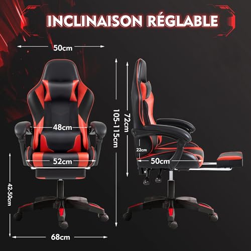 Frixovel Chaise Gaming Noir et Rouge avec Repose-Pieds Télescopique
